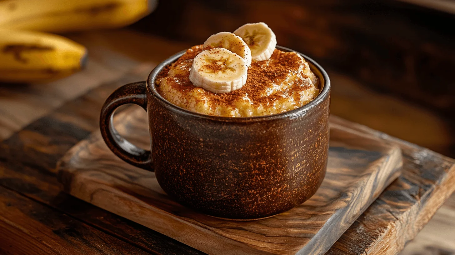 Bolo de caneca de banana com canela e rodelas de banana