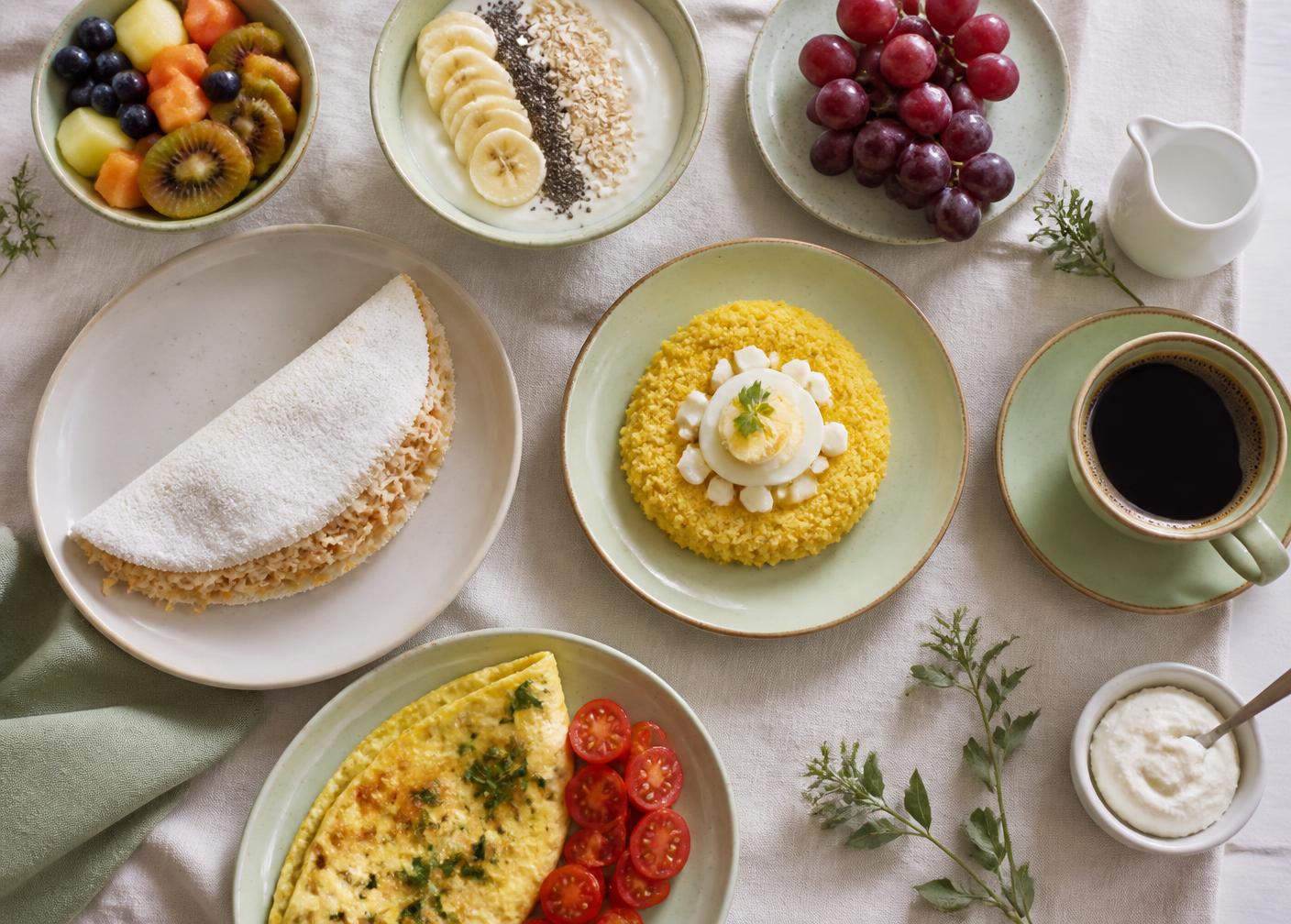 Mesa de café da manhã variada com tapioca, cuscuz com ovo, omelete e bowl de iogurte com frutas